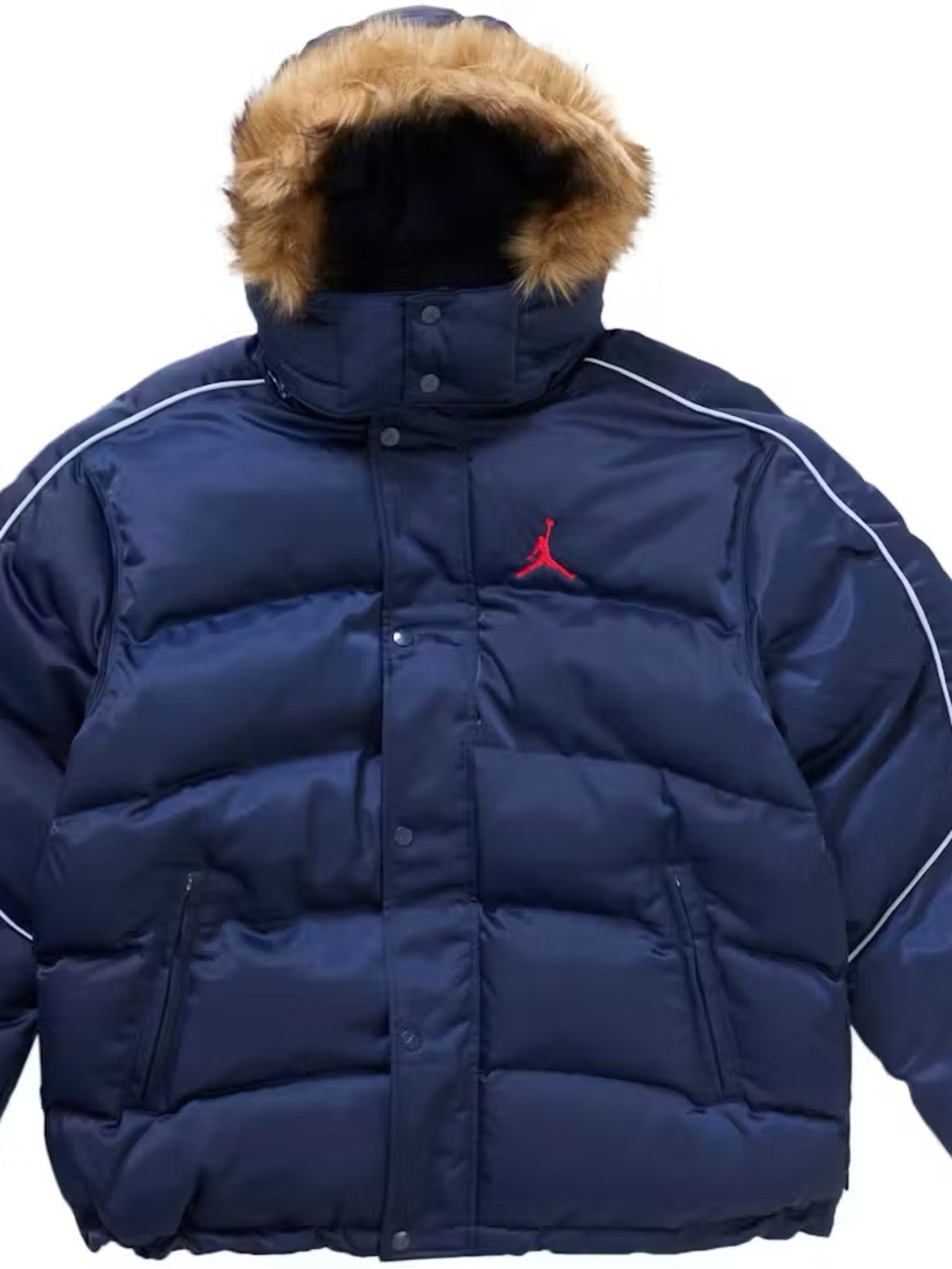 Jordan x Supreme Navy Puffer Jacket with Brown Faux-Fur Trim